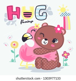 Cute bear hugging flamingo in summer field vector illustration.