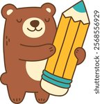 A Cute bear hugging large pencil, expressing joy
