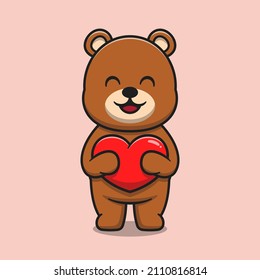Cute bear hugging love heart cartoon icon illustration. Animal nature icon concept isolated premium vector. Flat cartoon style