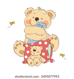 Lindo oso abrazando almohada y oso de peluche