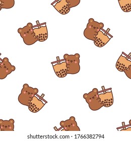 Cute bear hugs bubble tea.  Cartoon seamless pattern, vector illustration