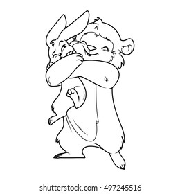 Cute bear hugs rabbit. Vector cartoon characters on a white background.