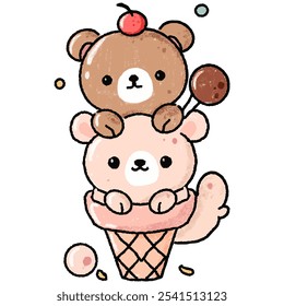 Cute Bear Ice Cream Cone Illustration