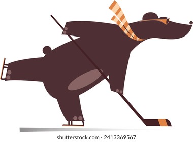 Cute trägt einen Eishockeyspieler. 
Cartoon-Bär spielt Eishockey. Einzeln auf weißem Hintergrund
