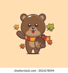 cute bear illustration. autumn session. Vector isolated flat illustration for poster, brochure, web, mascot, sticker, logo and icon. 