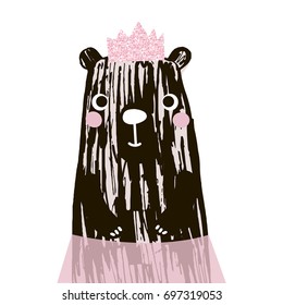 Cute bear illustration with glitter pink crown. Hand drawn with brush and ink creative kids print. Perfect for apparel, nursery decoration, cards, posters