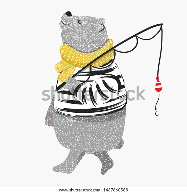 かわいい熊のイラスト 釣り時間と お父さんの日おめでとう グリーティングカード 子ども向けの漫画のtシャツのグラフィック 動物の柄 のベクター画像素材 ロイヤリティフリー
