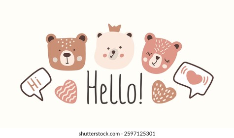 Cute bear illustration with Hello text, friendly greeting card, adorable animal faces kawaii design for kids. Vector illustration