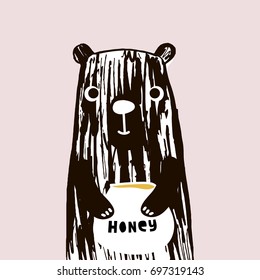 Cute bear illustration with honey. Hand drawn with brush and ink creative kids print. Perfect for apparel, nursery decoration, cards, posters