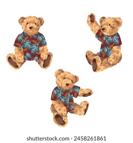 Cute bear illustration material wearing aloha shirt,