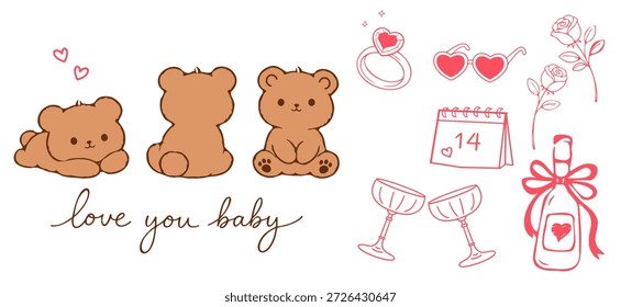 Ilustração de urso bonito conjunto com letras de amor e Valentim elementos, incluindo anéis, óculos, calendário, flores e garrafa, projetado para gráficos românticos, cartões, e projetos decorativos doces.
