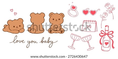 Cute bear illustration set with love lettering and Valentine elements including rings, glasses, calendar, flowers, and bottle, designed for romantic graphics, cards, and sweet decorative projects.