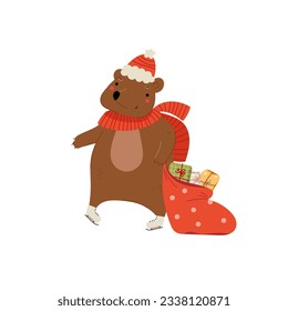 Ilustración de oso en vector. Composición navideña con patinaje de oso en un sombrero y bufanda con una bolsa de regalos. Plantilla para tarjetas de Año Nuevo recortar etiquetas de reserva invitaciones a planificadores. 