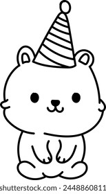 Cute bear illustration wearing a striped party hat, sitting position, outlined drawing suitable for coloring books or birthday cards.