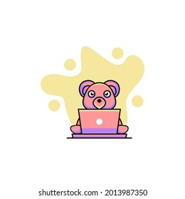 cute bear illustration working with laptop cartoon style