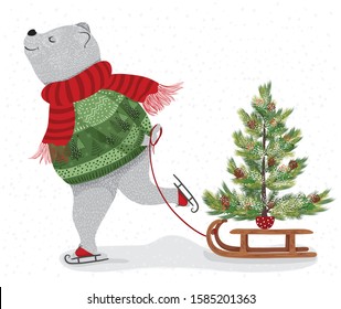 Cute Bear Illustration.Christmas Greeting Card With Santa Claus. Template For New 2020 Year Cards, Scrapbooking, Stickers, Planner, Invitations.Merry Christmas Lettering. Animal Pattern.