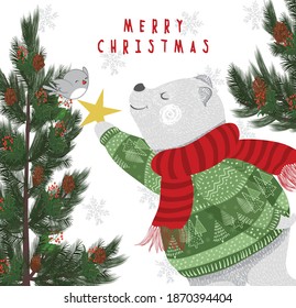 Cute bear illustration.Christmas Greeting Card with Santa Claus. Template for New  Year Cards, Scrapbooking, Stickers, Planner, Invitations.Merry Christmas lettering. Animal Pattern.