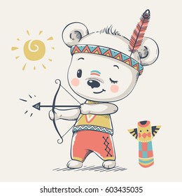 Cute bear Indian with a bow and arrow cartoon hand drawn vector illustration. Can be used for t-shirt print, kids wear fashion design, baby shower invitation card.