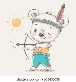 Cute bear Indian with a bow and arrow cartoon hand drawn vector illustration. Can be used for t-shirt print, kids wear fashion design, baby shower invitation card.