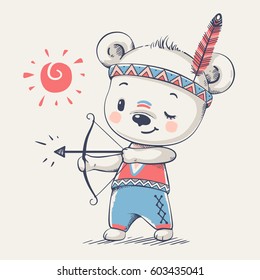 Cute bear Indian with a bow and arrow cartoon hand drawn vector illustration. Can be used for t-shirt print, kids wear fashion design, baby shower invitation card.