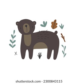 Cute bear with the inscription - be wild surrounded by wild nature. Vector illustration isolated on white background for your design