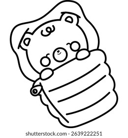 a cute bear inside a sleeping bag in black and white coloring