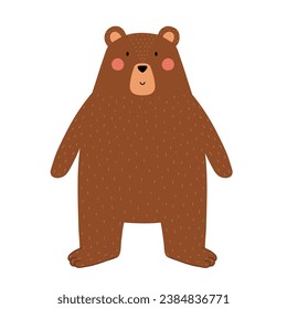 Cute bear isolated on white background. Forest character in cartoon style for kids design. Grizzly bear cub animal. Vector illustration