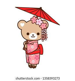 Cute bear in Japanese sakura/cherry blossom kimono.