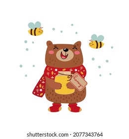 Cute bear with jar of honey. Happy woodland animal and bees. Cartoon character, funny teddy in warm scarf likes sweet honey. Hand drawn vector illustration for kids,  isolated on white. Flat design