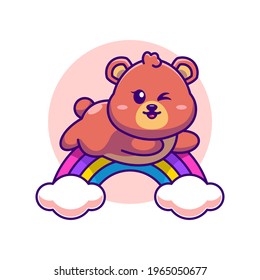 Cute bear jumping with rainbow cartoon