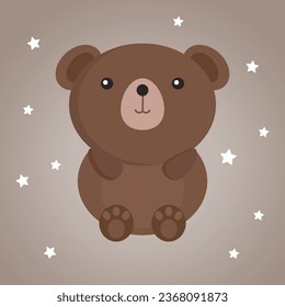 Cute bear kawaii character on starry background, toy animal. Illustration, children's print, postcard, vector	