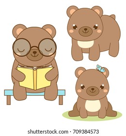 Cute bear. Kawaii style. Brown bear sitting and reading book. Cartoon animal character for kids, toddlers and babies fashion. Vector design elements