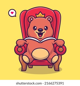 Cute Bear King Sitting On The Royal Chair Cartoon Vector Icon Illustration. Animal Nature Icon Concept Isolated Premium Vector. Flat Cartoon Style