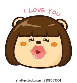 Cute bear kiss face wear hair wig costume cartoon.Funny animal character design.Valentine's day.Isolated.Kawaii.Vector.Illustration.