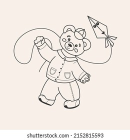 Cute Bear With A Kite, Coloring Page