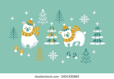 Cute bear in a knitted hat and scarf in the winter forest. Set.