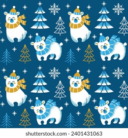 Cute bear in a knitted hat and scarf in the winter forest. Seamless pattern. Vector.