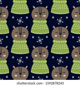 Cute bear in knitted pullover. Nursery pattern illustration. 