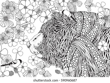 Cute Bear in knitted scarf. It's Spring. Birds, flowers blossom, spring day. Coloring book page for adult and children. Zentangle and doodle patterns. Black and white monochrome background. A4 size.