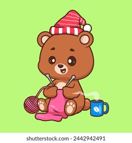 Tejido De Punto De Oso Lindo Con Ilustración De Icono Vectorial De Dibujos Animados De Café. Icono de bebida animal concepto aislado Vector Premium. Estilo plano de dibujos animados