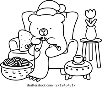 A cute bear is knitting a scarf to get ready for the winter season, easy coloring for kids, vector, illustration, coloring book, coloring page, cozy, cute, bold, comfy