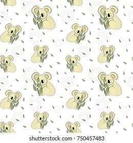 Cute bear koala doodle seamless pattern. Vector background with koalas can be used for baby textile, tshirt, wallpapers, posters and more.