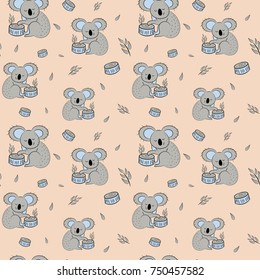 Cute bear koala doodle seamless pattern. Vector background with koalas can be used for baby textile, tshirt, wallpapers, posters and more.