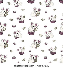 Cute bear koala doodle seamless pattern. Vector background with koalas can be used for baby textile, tshirt, wallpapers, posters and more.