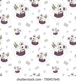 Cute bear koala doodle seamless pattern. Vector background with koalas can be used for baby textile, tshirt, wallpapers, posters and more.