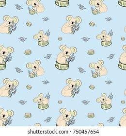 Cute bear koala doodle seamless pattern. Vector background with koalas can be used for baby textile, tshirt, wallpapers, posters and more.