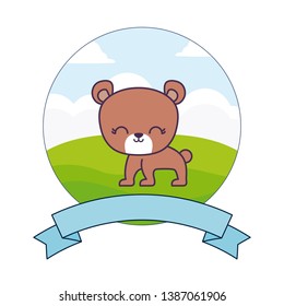 cute bear in landscape with frame and ribbon