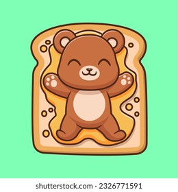 Cute Bear Lay On Bread With Honey Jam Cartoon Vector Icon Illustration. Animal Food Icon Concept Isolated Premium Vector. Flat Cartoon Style