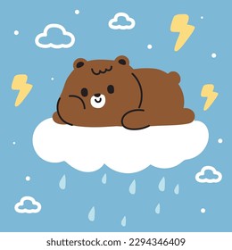 Cute bear lay on cloud raining with lightning on sky background.Wild animal character design.Kid graphic.Baby clothing.Isolated.Kawaii.Vector.Illustration.