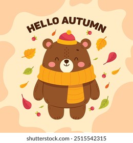 A cute bear in a leaf ha wishes everyone a happy autumn  vector EPS 10